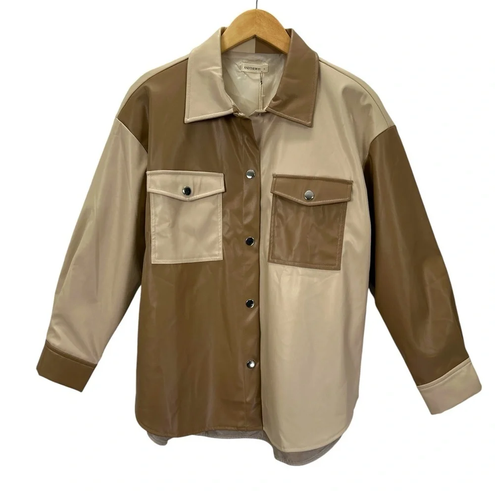 AndTheWhy Women's Colorblock Faux Leather Oversized Shacket Small Western